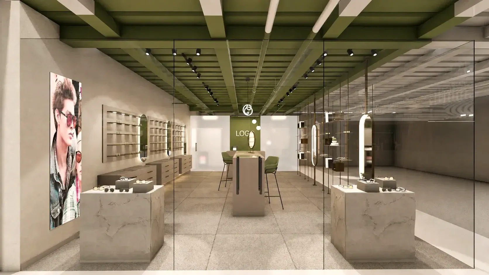 Render del acceso y área de exhibición de la Óptica en Chacao